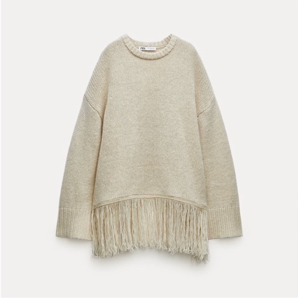 Zara 100% Wool Cream Fringe Hem Sweater - Picture 8 of 12